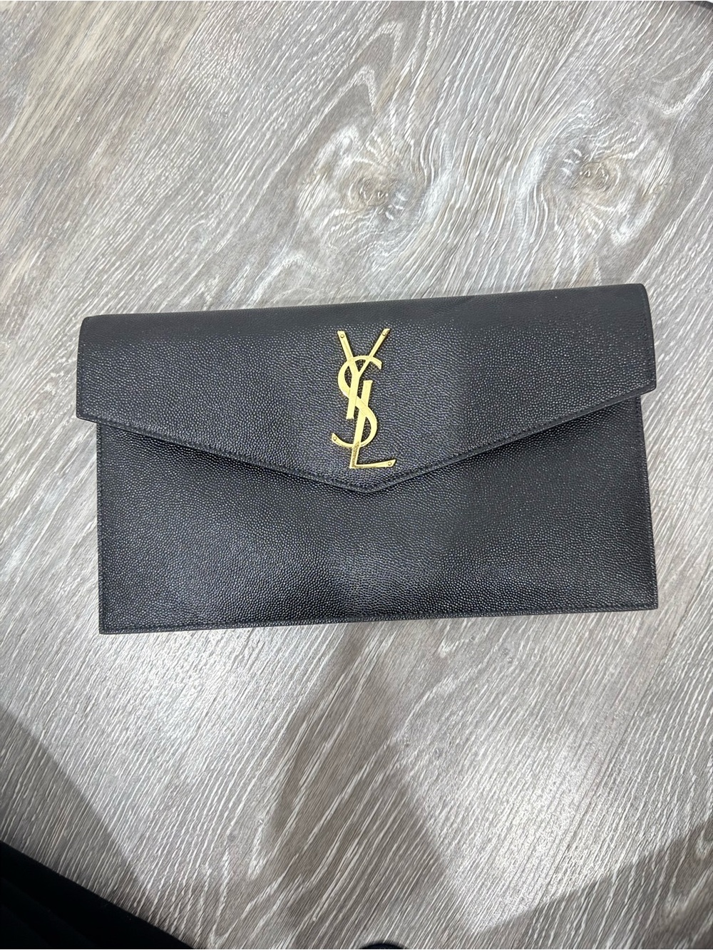 Saint Laurent Black Leather Envelope Clutch with Gold YSL Emblem